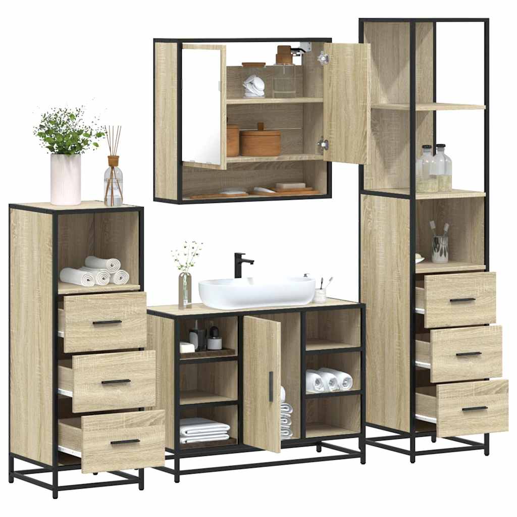 4-delige Badkamermeubelset bewerkt hout sonoma eikenkleurig is nu te koop bij PeponiXL, paradijselijk wonen!
