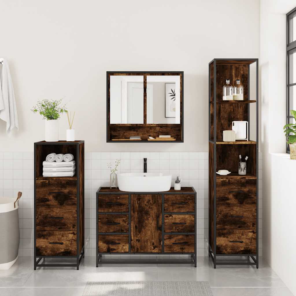 4-delige Badkamermeubelset bewerkt hout gerookt eikenkleurig is nu te koop bij PeponiXL, paradijselijk wonen!