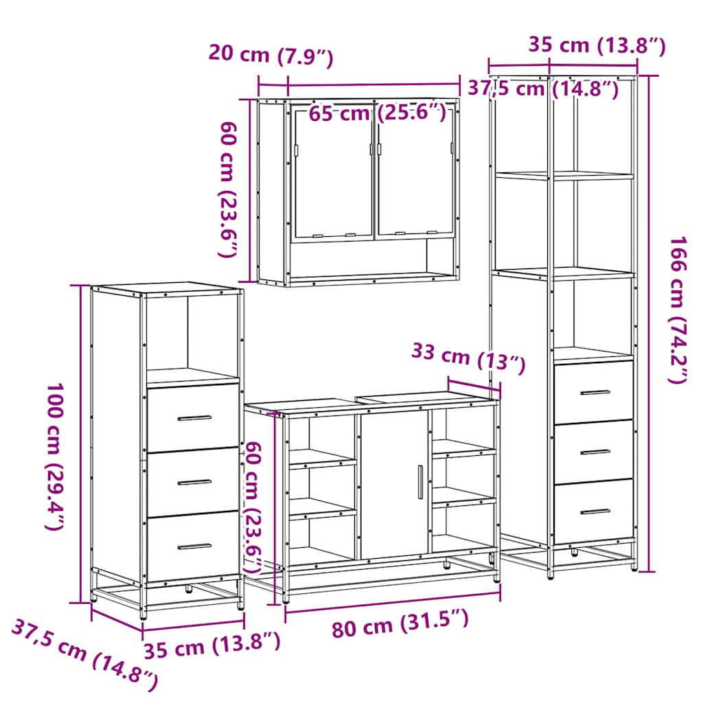 4-delige Badkamermeubelset bewerkt hout gerookt eikenkleurig is nu te koop bij PeponiXL, paradijselijk wonen!