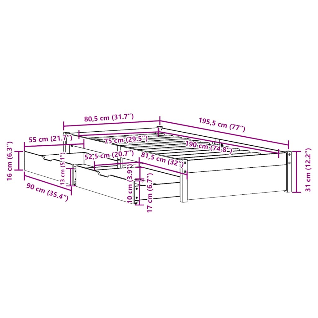 Bedframe zonder matras massief grenenhout wit 75x190 cm is nu te koop bij PeponiXL, paradijselijk wonen!