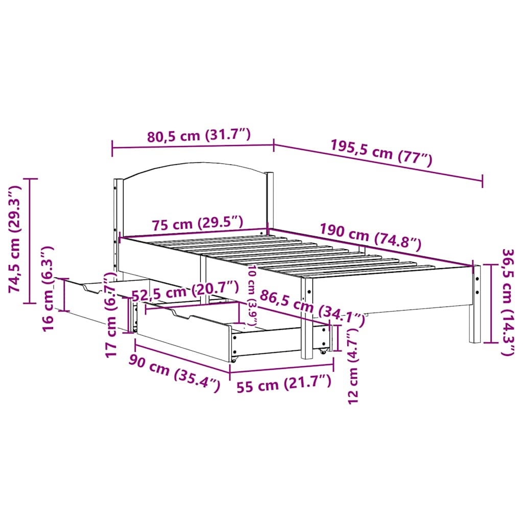 Bedframe zonder matras massief grenenhout 75x190 cm is nu te koop bij PeponiXL, paradijselijk wonen!
