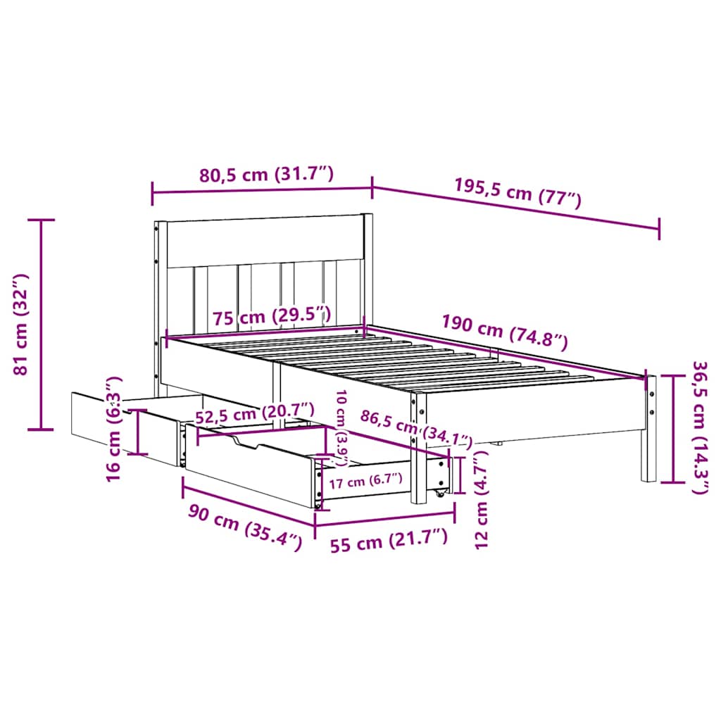 Bedframe zonder matras massief grenenhout 75x190 cm is nu te koop bij PeponiXL, paradijselijk wonen!