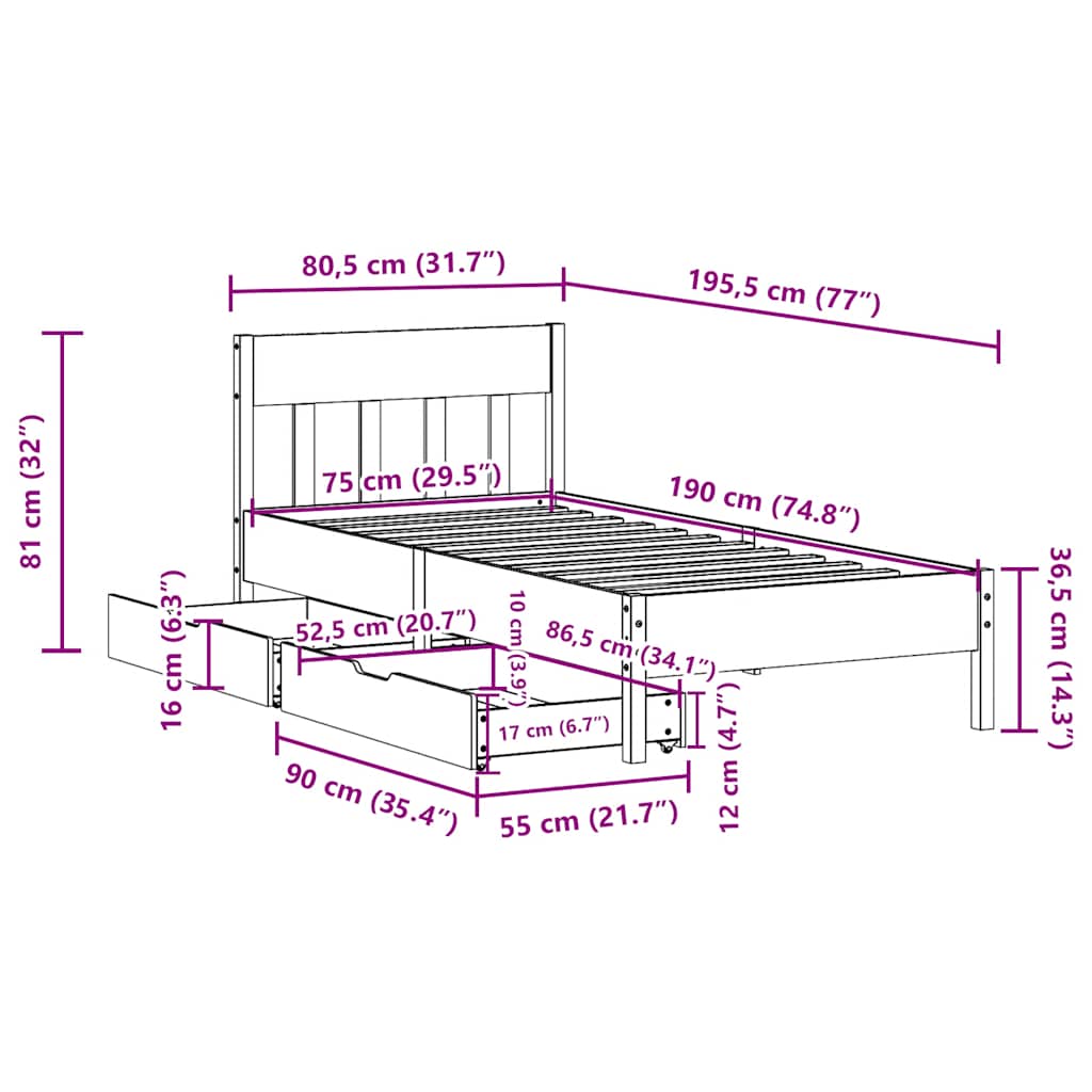 Bedframe zonder matras massief grenenhout wit 75x190 cm is nu te koop bij PeponiXL, paradijselijk wonen!