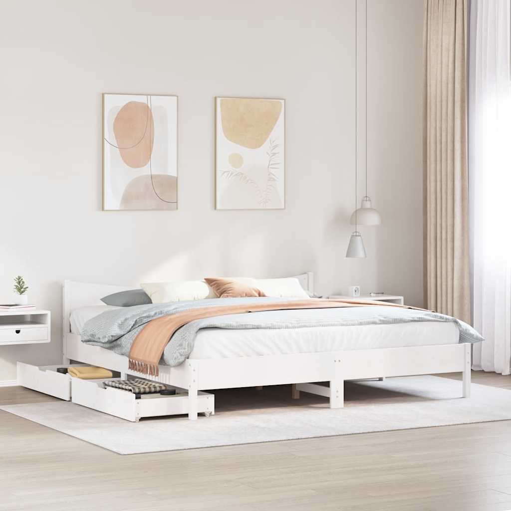 Bedframe met lades massief grenenhout wit 200x200 cm is nu te koop bij PeponiXL, paradijselijk wonen!