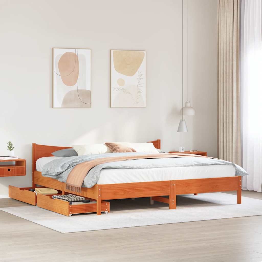 Bedframe met lades massief grenenhout wasbruin 200x200 cm is nu te koop bij PeponiXL, paradijselijk wonen!