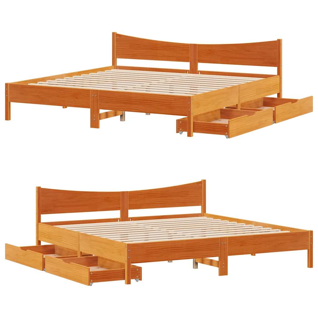 Bedframe met lades massief grenenhout wasbruin 200x200 cm is nu te koop bij PeponiXL, paradijselijk wonen!