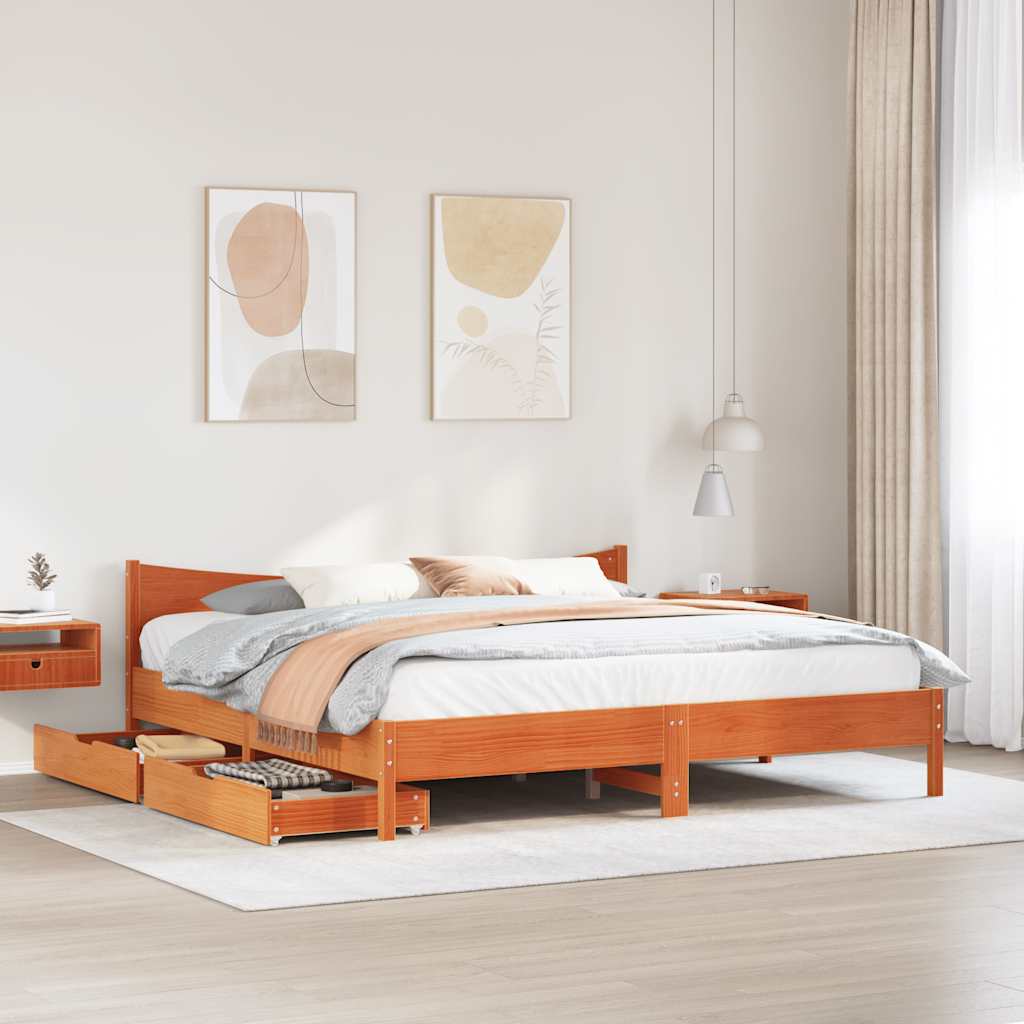 Bedframe met lades massief grenenhout wasbruin 180x200 cm is nu te koop bij PeponiXL, paradijselijk wonen!