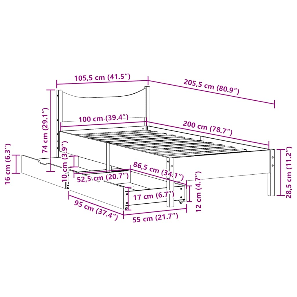 Bedframe met lades massief grenenhout wasbruin 100x200 cm is nu te koop bij PeponiXL, paradijselijk wonen!