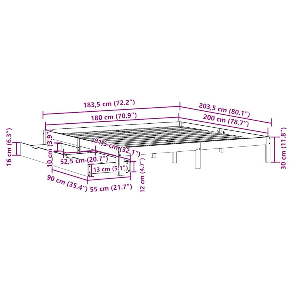 Bedframe met lades massief grenenhout wit 180x200 cm is nu te koop bij PeponiXL, paradijselijk wonen!