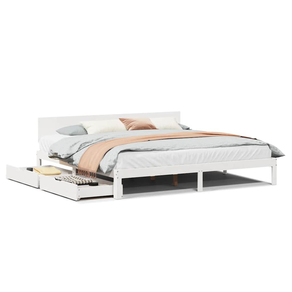 Bedframe met lades massief grenenhout wit 200x200 cm is nu te koop bij PeponiXL, paradijselijk wonen!