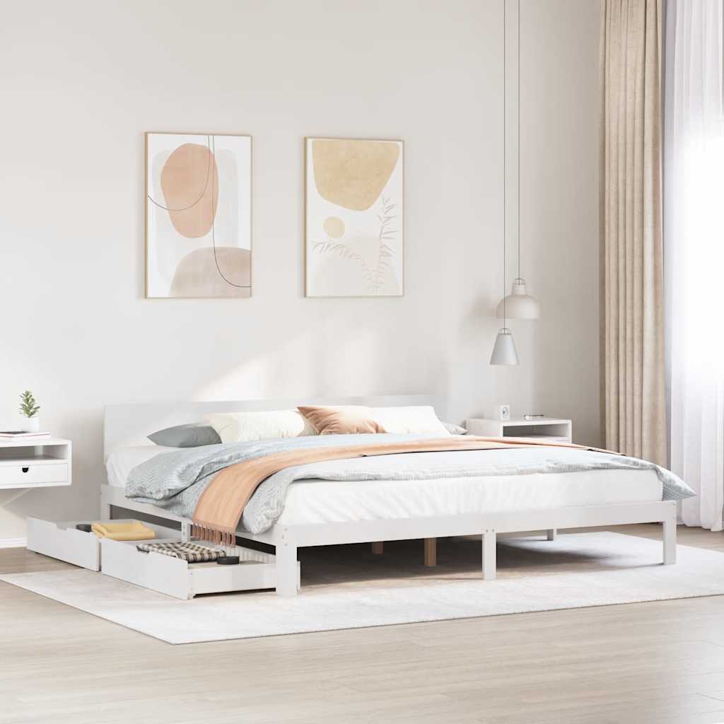 Bedframe met lades massief grenenhout wit 200x200 cm is nu te koop bij PeponiXL, paradijselijk wonen!