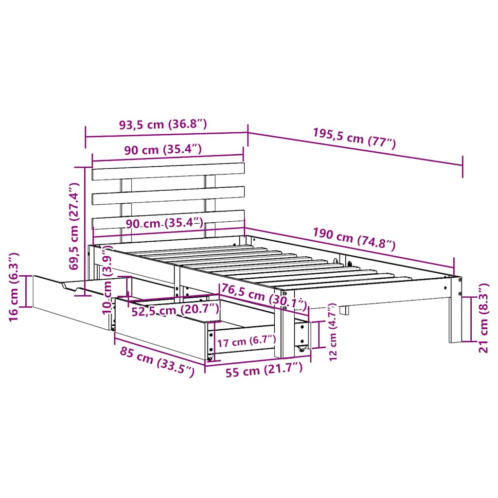 Bedframe met lades massief grenenhout wit 90x190 cm is nu te koop bij PeponiXL, paradijselijk wonen!