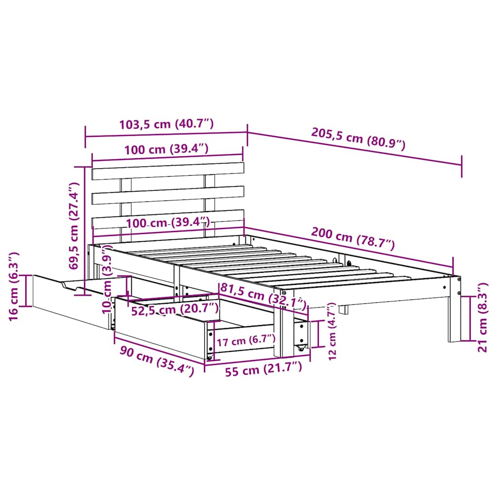 Bedframe met lades 100x200 cm massief grenenhout is nu te koop bij PeponiXL, paradijselijk wonen!