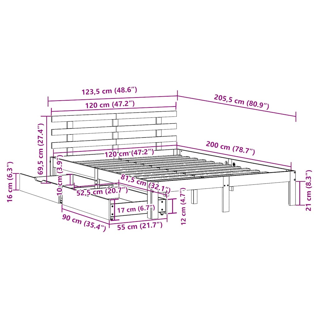 Bedframe met lades massief grenenhout 120x200 cm is nu te koop bij PeponiXL, paradijselijk wonen!