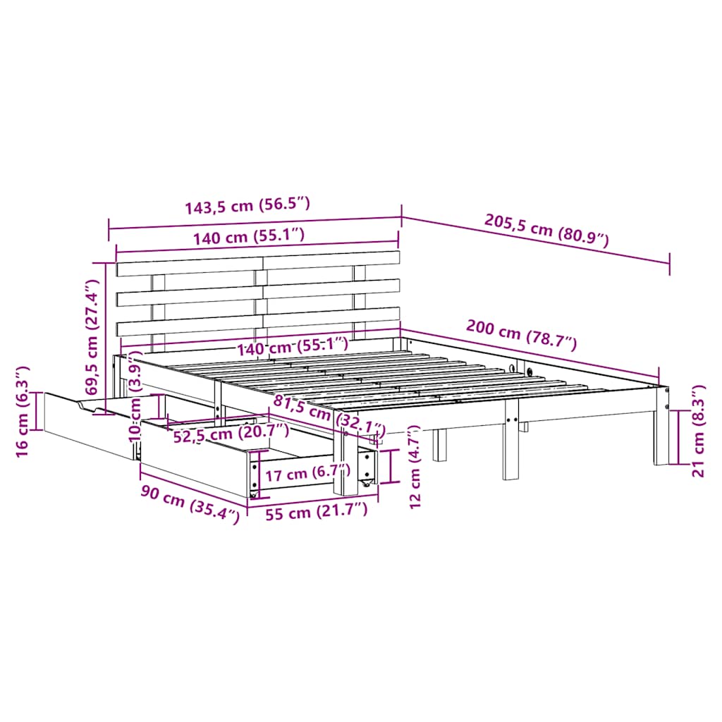 Bedframe met lades massief grenenhout 140x200 cm is nu te koop bij PeponiXL, paradijselijk wonen!