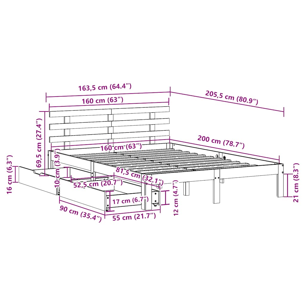 Bedframe met lades massief grenenhout 160x200 cm is nu te koop bij PeponiXL, paradijselijk wonen!
