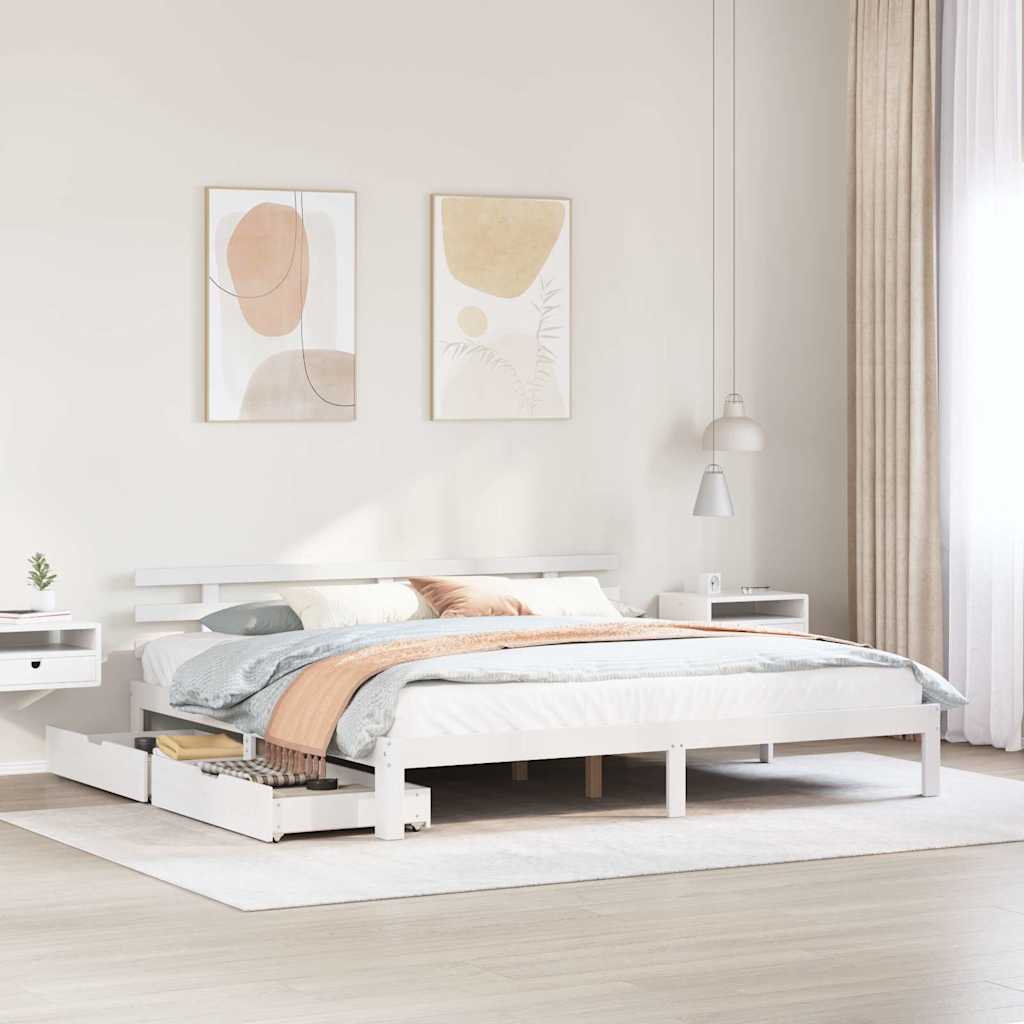 Bedframe met lades massief grenenhout wit 200x200 cm is nu te koop bij PeponiXL, paradijselijk wonen!