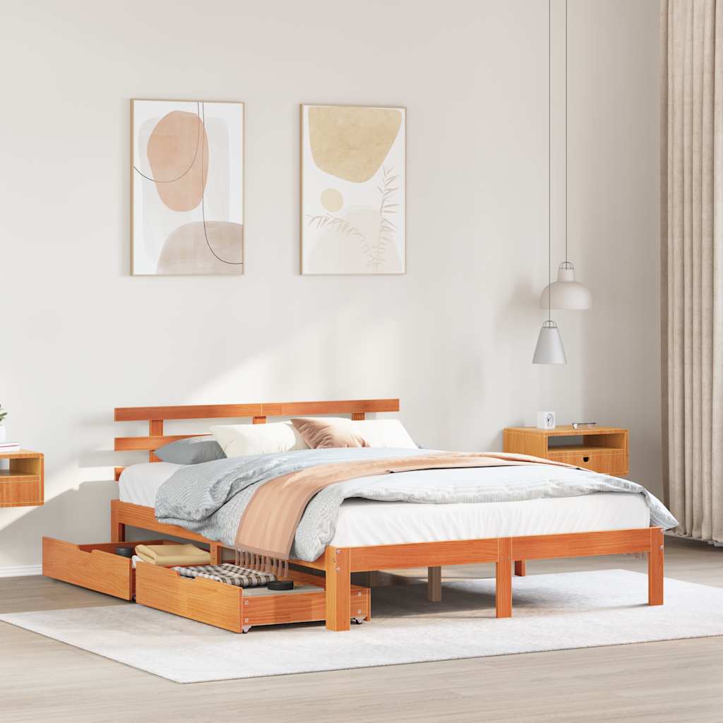 Bedframe met lades massief grenenhout wasbruin 150x200 cm is nu te koop bij PeponiXL, paradijselijk wonen!
