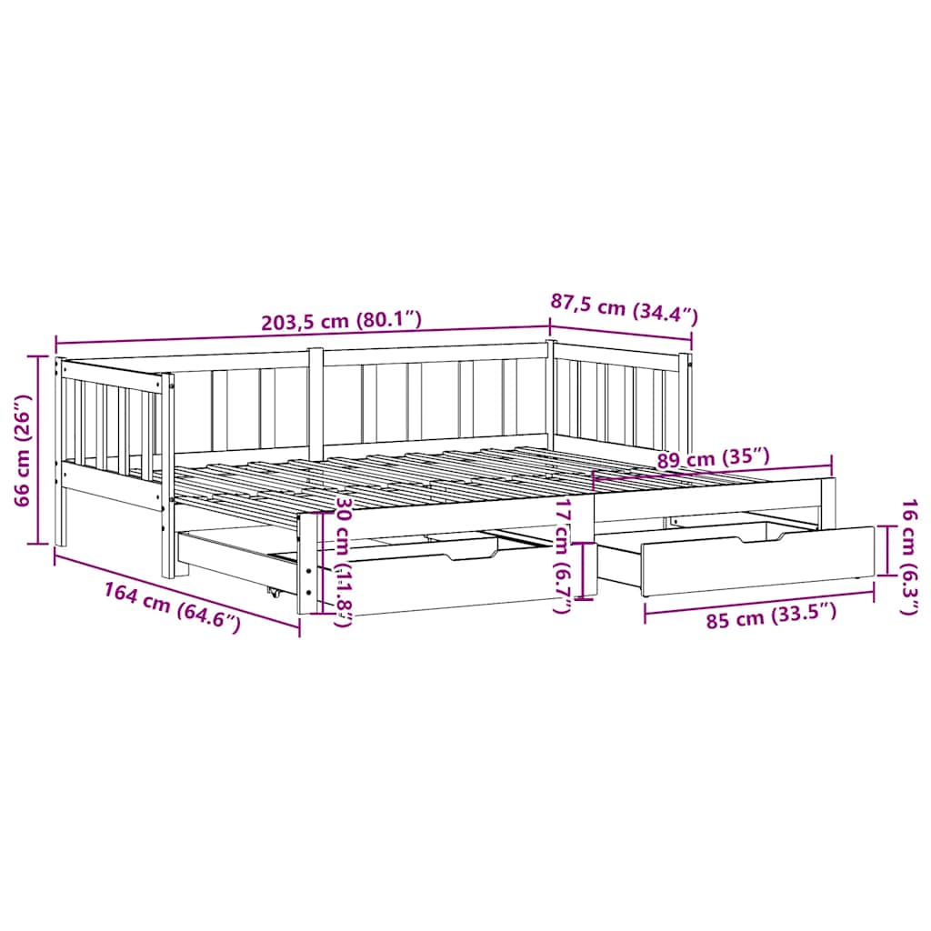 Slaapbank met onderschuifbed en lades zonder matras 80x200 cm is nu te koop bij PeponiXL, paradijselijk wonen!