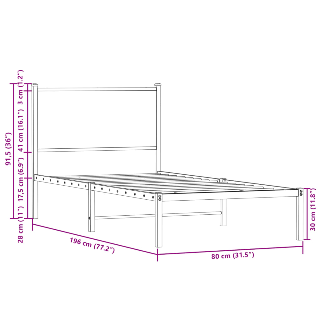 Bedframe zonder matras metaal sonoma eikenkleurig 75x190 cm is nu te koop bij PeponiXL, paradijselijk wonen!