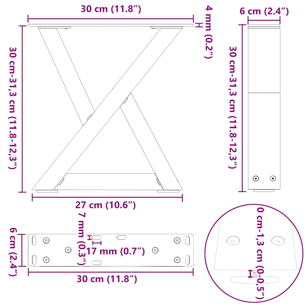 Salontafelpoten 2 st 30x(30-31,3) cm staal wit is nu te koop bij PeponiXL, paradijselijk wonen!