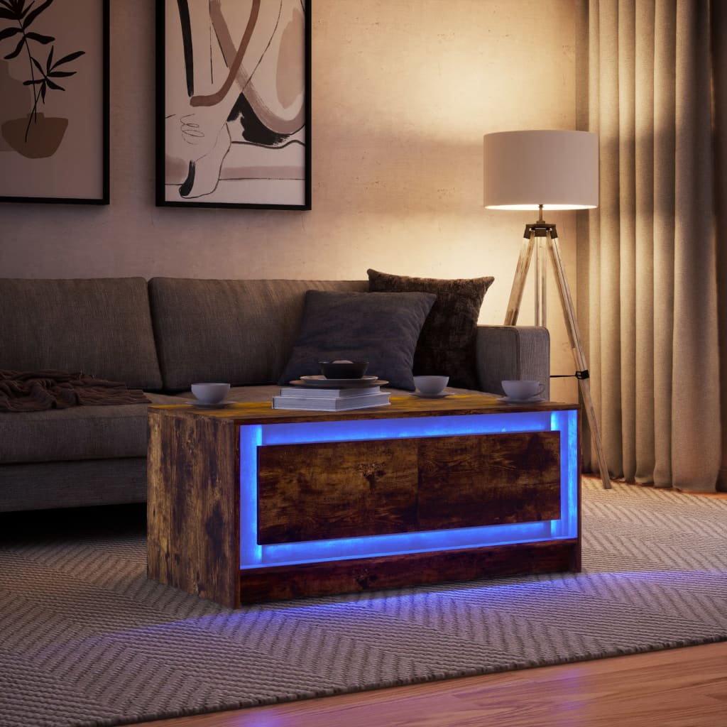 Salontafel met LED-verlichting bewerkt hout gerookt eikenkleur is nu te koop bij PeponiXL, paradijselijk wonen!