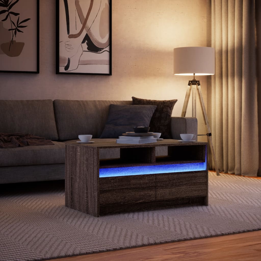 Salontafel met LED-verlichting bewerkt hout bruin eikenkleur is nu te koop bij PeponiXL, paradijselijk wonen!