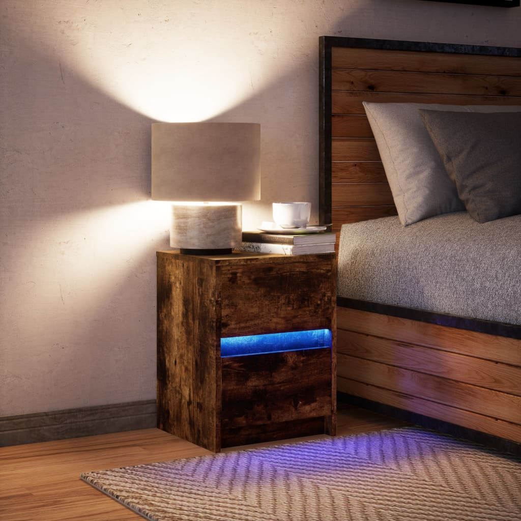 nachtkastje met LED-verlichting bewerkt hout gerookt eikenkleur is nu te koop bij PeponiXL, paradijselijk wonen!