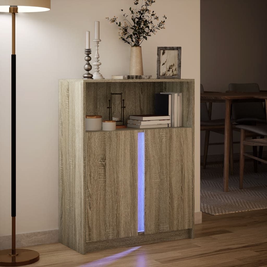 Dressoir met LED 77x34x100 cm bewerkt hout sonoma eikenkleurig is nu te koop bij PeponiXL, paradijselijk wonen!