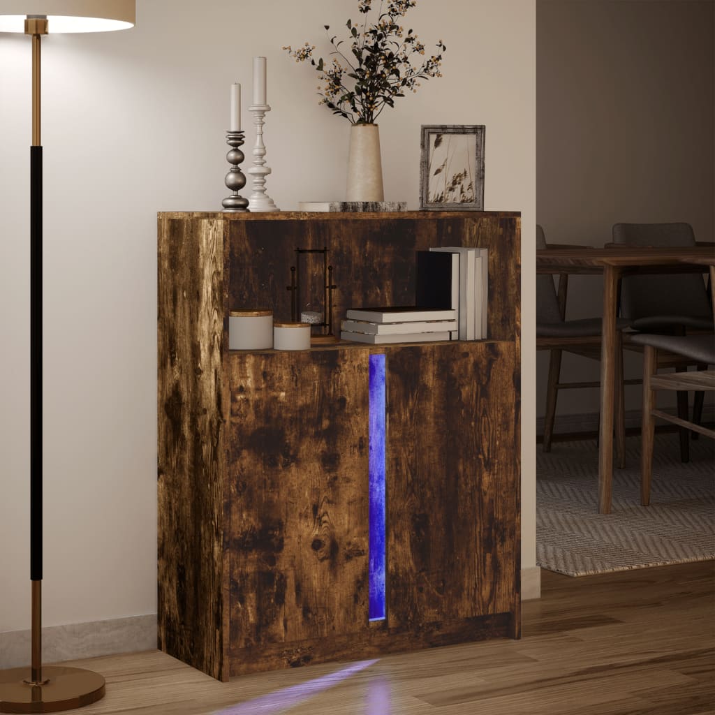 Dressoir met LED 77x34x100 cm bewerkt hout gerookt eikenkleurig is nu te koop bij PeponiXL, paradijselijk wonen!