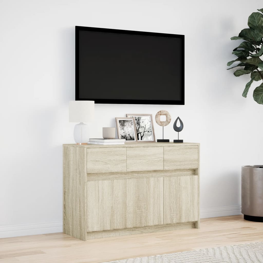 Tv-meubel met LED 91x34x61 cm bewerkt hout sonoma eikenkleurig is nu te koop bij PeponiXL, paradijselijk wonen!