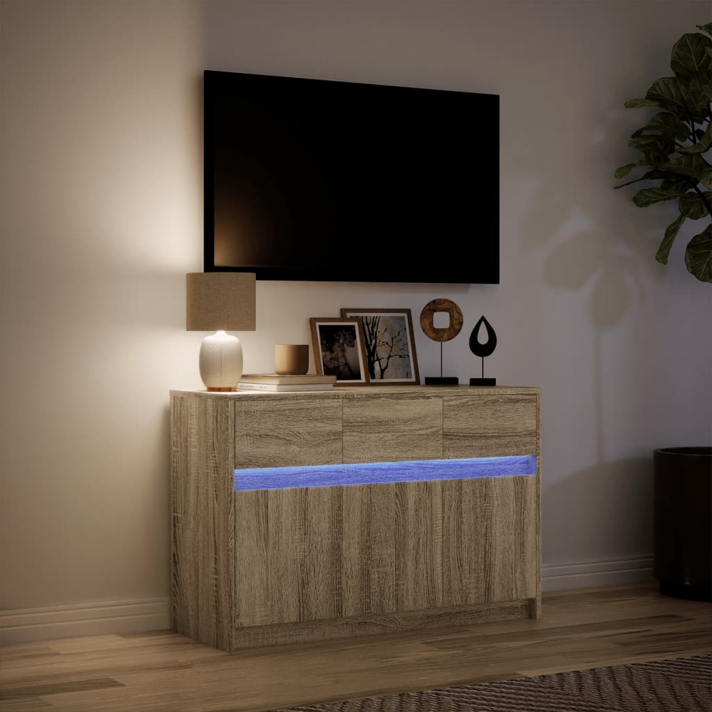 Tv-meubel met LED 91x34x61 cm bewerkt hout sonoma eikenkleurig is nu te koop bij PeponiXL, paradijselijk wonen!