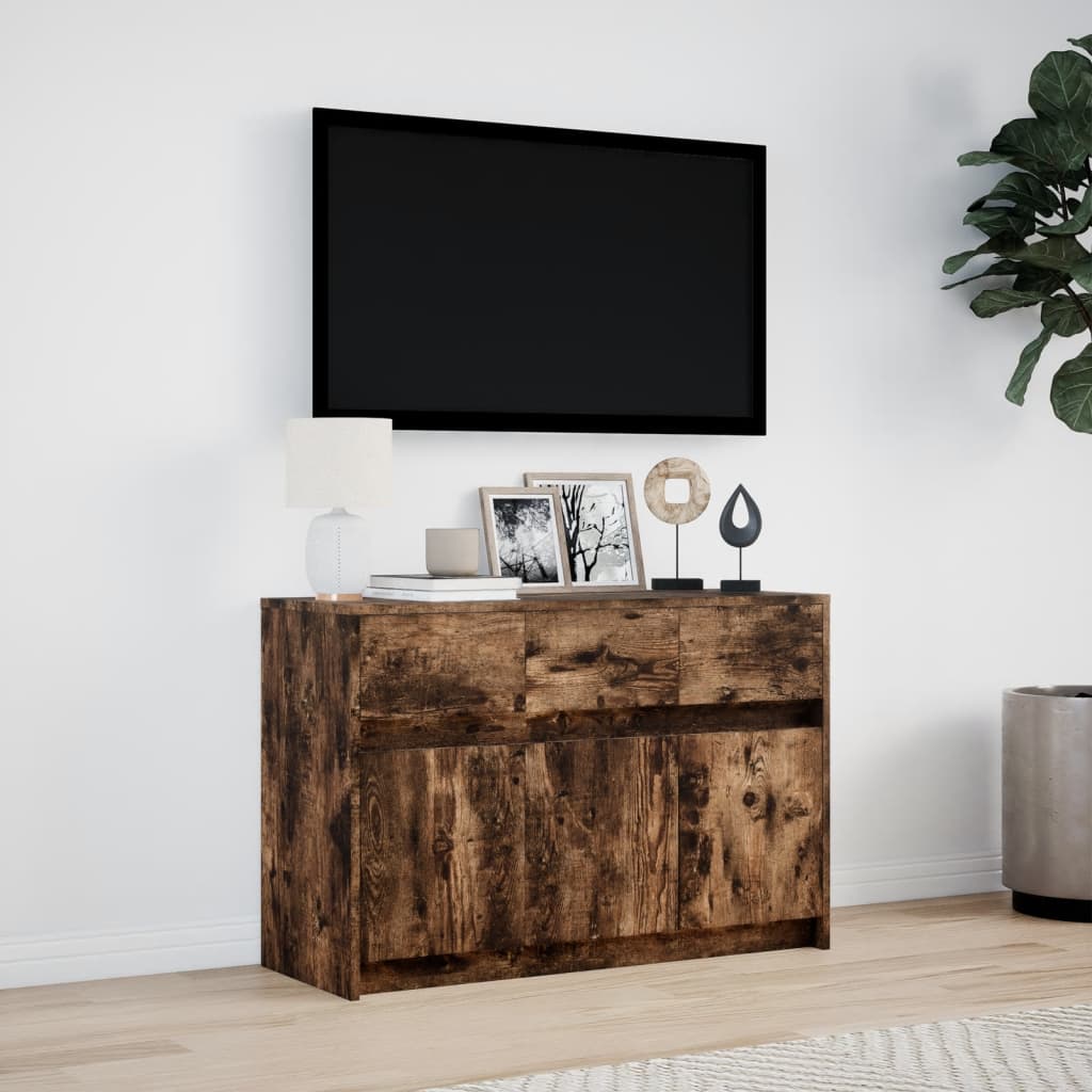 Tv-meubel met LED 91x34x61 cm bewerkt hout gerookt eikenkleur is nu te koop bij PeponiXL, paradijselijk wonen!