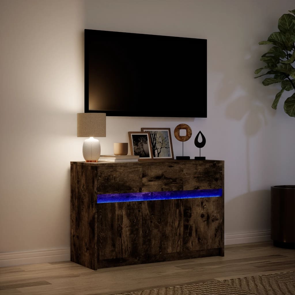 Tv-meubel met LED 91x34x61 cm bewerkt hout gerookt eikenkleur is nu te koop bij PeponiXL, paradijselijk wonen!
