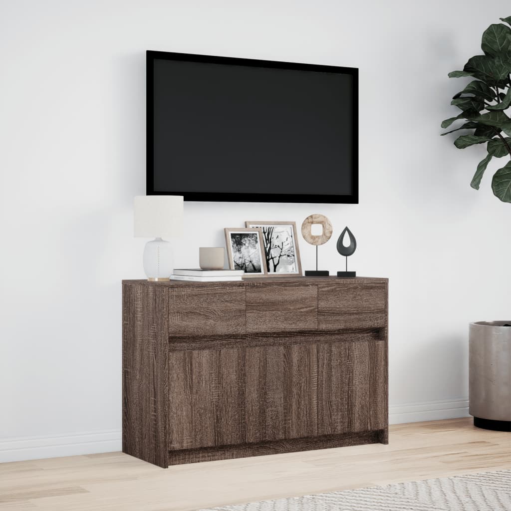 Tv-meubel met LED 91x34x61 cm bewerkt hout bruin eikenkleurig is nu te koop bij PeponiXL, paradijselijk wonen!