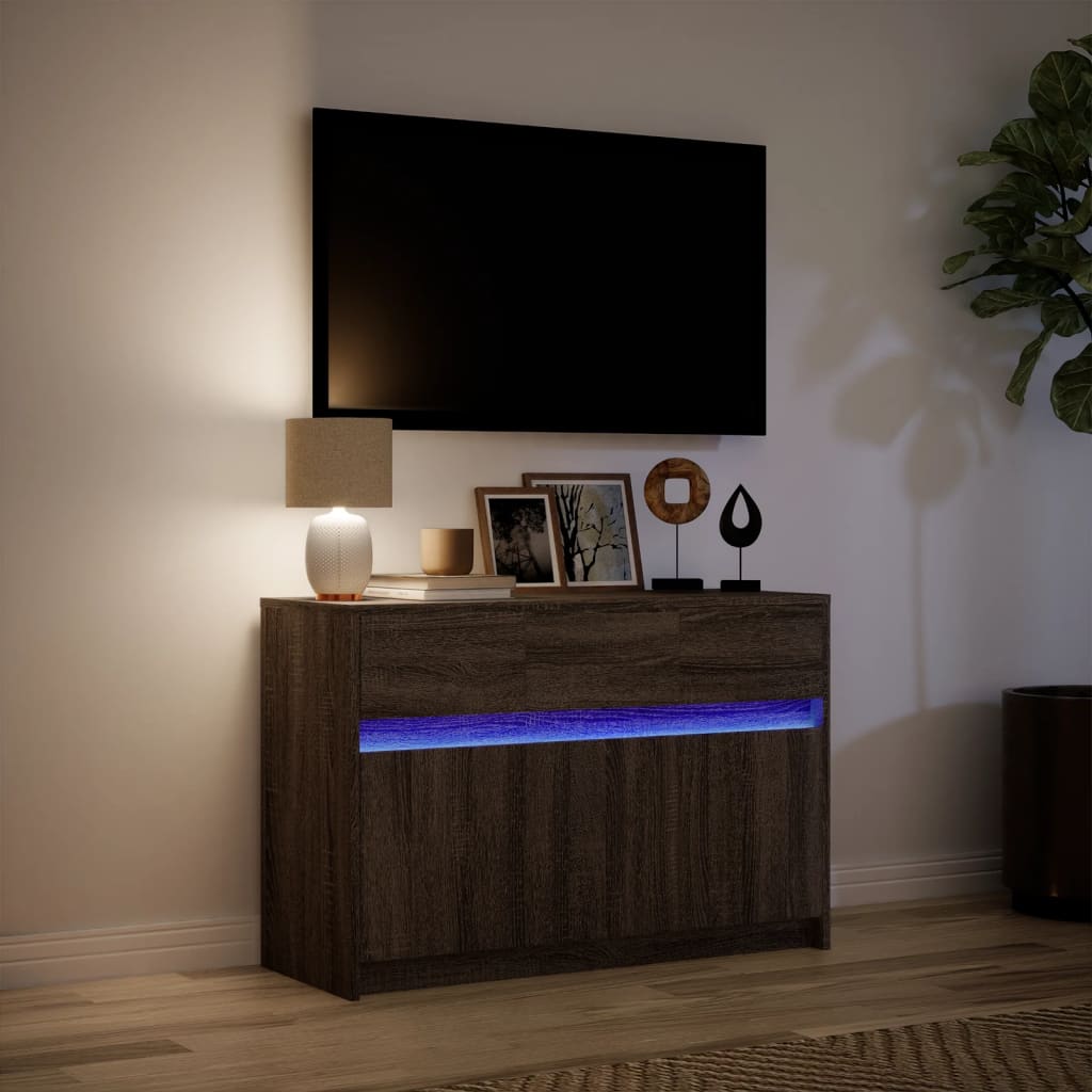Tv-meubel met LED 91x34x61 cm bewerkt hout bruin eikenkleurig is nu te koop bij PeponiXL, paradijselijk wonen!