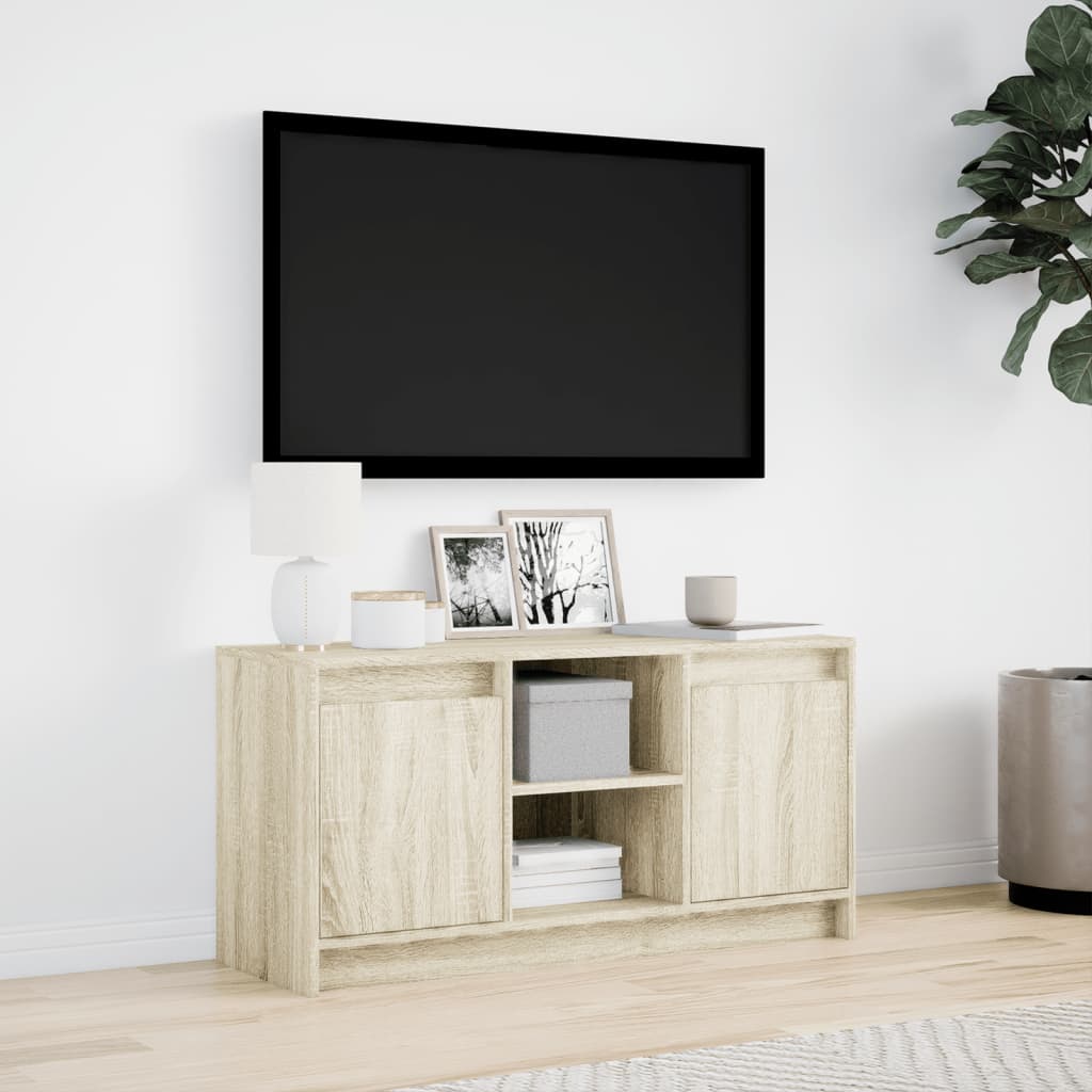 Tv-meubel met LED 100x34x50 cm bewerkt hout sonoma eikenkleurig is nu te koop bij PeponiXL, paradijselijk wonen!