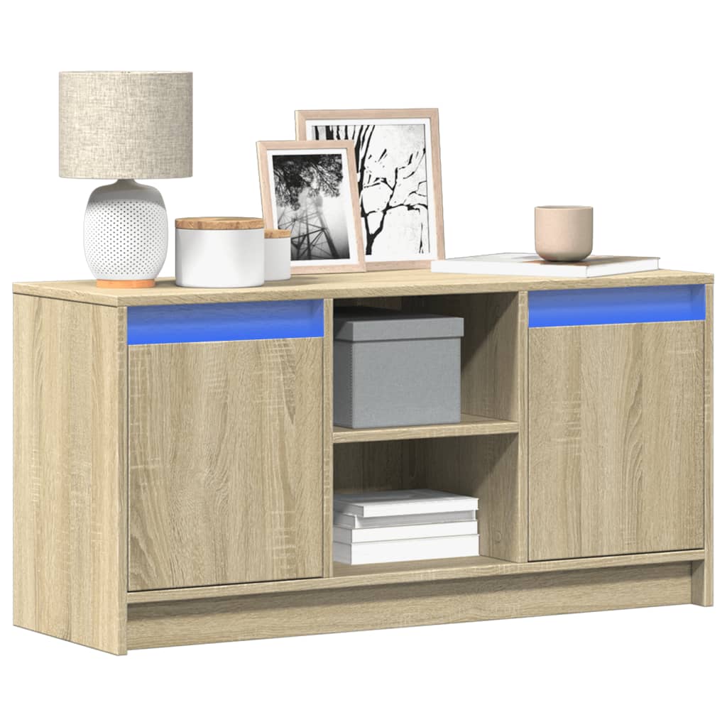 Tv-meubel met LED 100x34x50 cm bewerkt hout sonoma eikenkleurig is nu te koop bij PeponiXL, paradijselijk wonen!