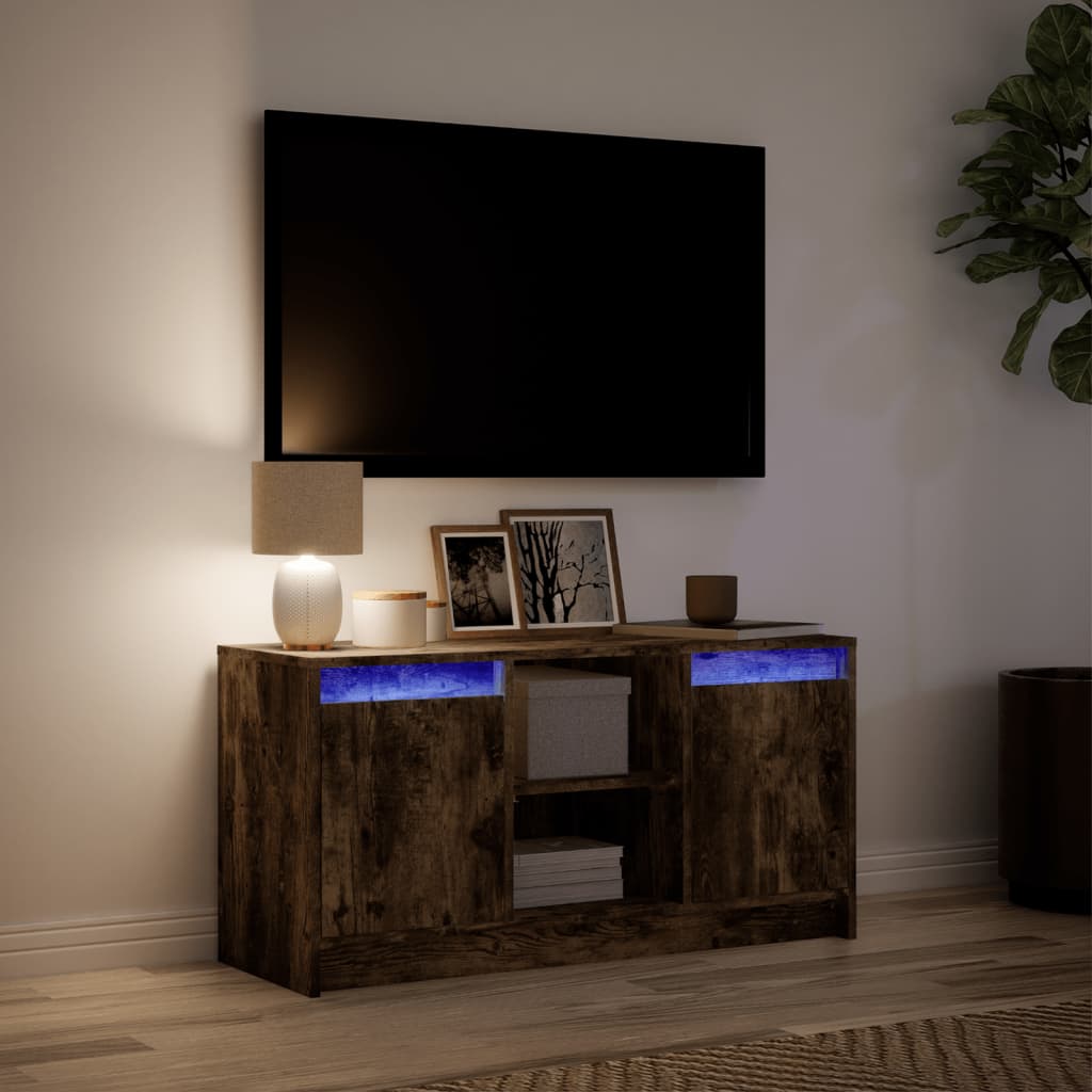 Tv-meubel met LED 100x34x50 cm bewerkt hout gerookt eikenkleur is nu te koop bij PeponiXL, paradijselijk wonen!