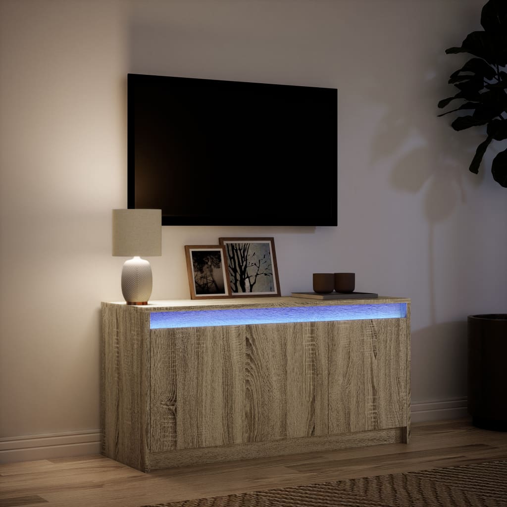 Tv-meubel met LED 100x34x50 cm bewerkt hout sonoma eikenkleurig is nu te koop bij PeponiXL, paradijselijk wonen!