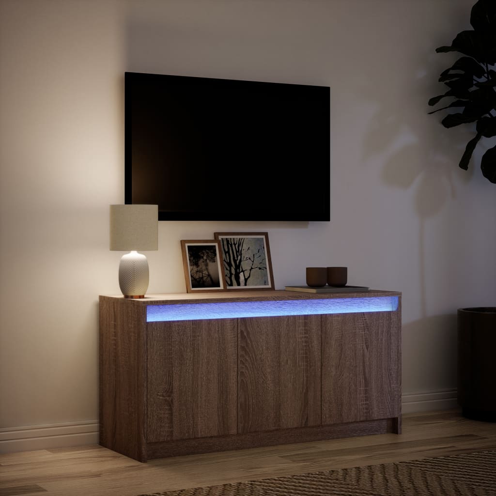 Tv-meubel met LED 100x34x50 cm bewerkt hout bruin eikenkleurig is nu te koop bij PeponiXL, paradijselijk wonen!