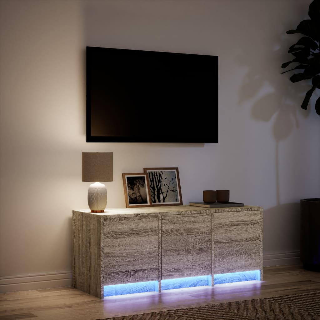 Tv-meubel met LED 97x34x40 cm bewerkt hout sonoma eikenkleurig is nu te koop bij PeponiXL, paradijselijk wonen!