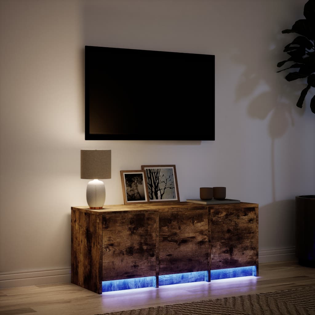 Tv-meubel met LED 97x34x40 cm bewerkt hout gerookt eikenkleur is nu te koop bij PeponiXL, paradijselijk wonen!
