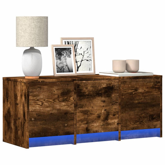 Tv-meubel met LED 97x34x40 cm bewerkt hout gerookt eikenkleur is nu te koop bij PeponiXL, paradijselijk wonen!