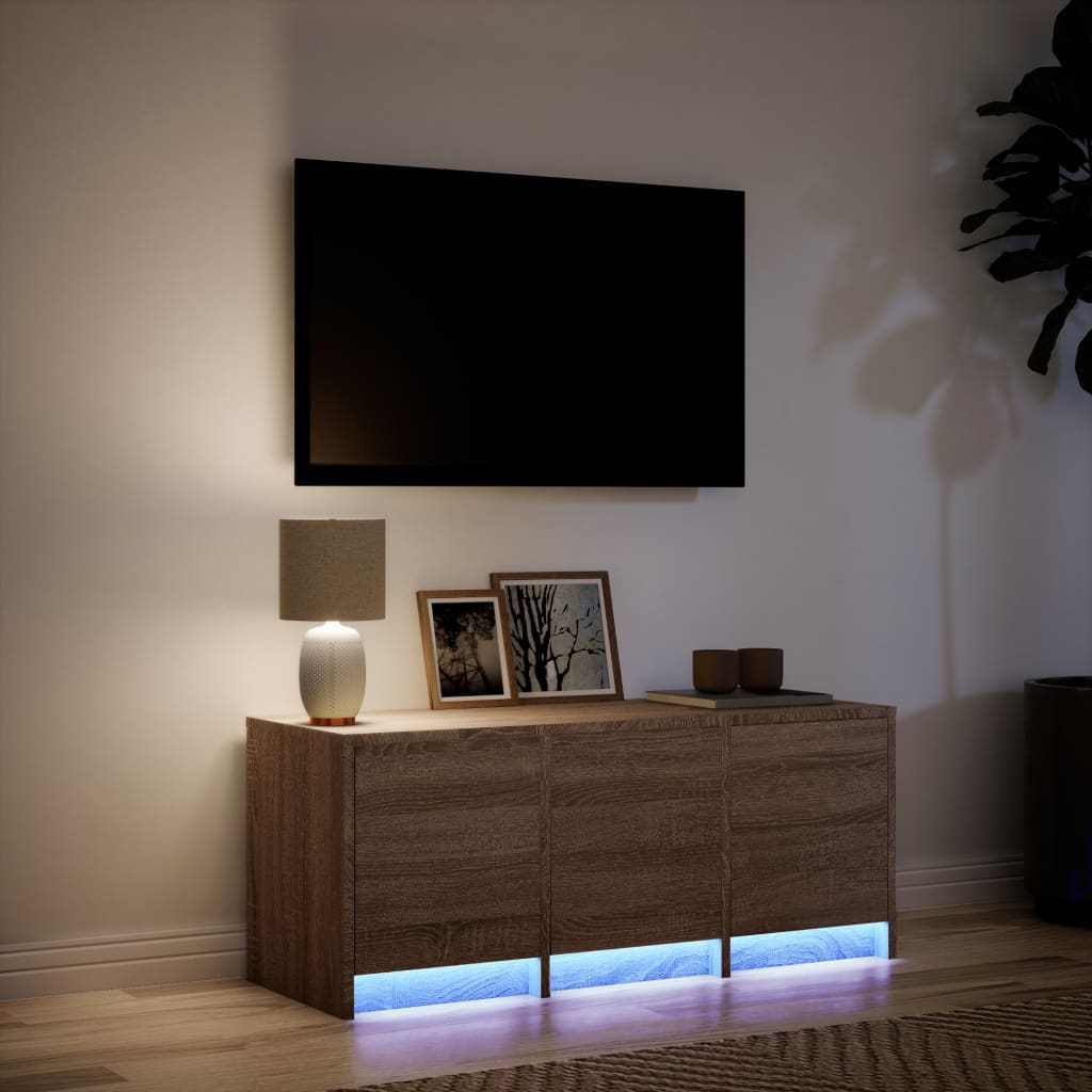 Tv-meubel met LED 97x34x40 cm bewerkt hout bruin eikenkleurig is nu te koop bij PeponiXL, paradijselijk wonen!