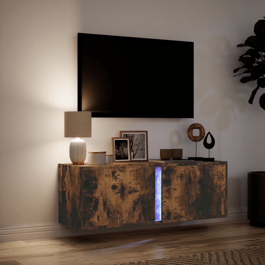 Tv-wandmeubel met LED-verlichting 100x31x35 cm gerookt eiken is nu te koop bij PeponiXL, paradijselijk wonen!