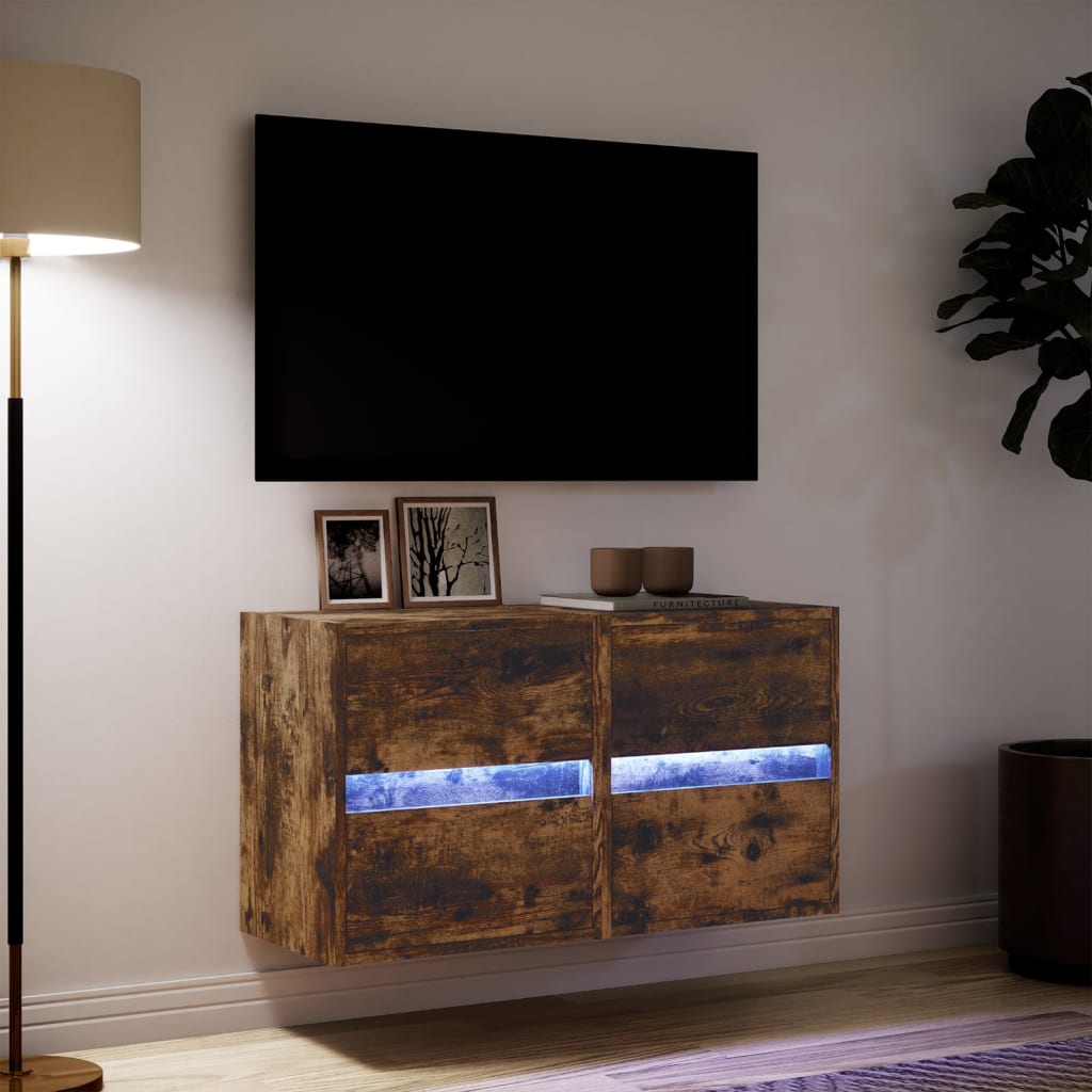Tv-wandmeubels met LED 2 st 41x31x45 cm gerookt eikenkleurig is nu te koop bij PeponiXL, paradijselijk wonen!