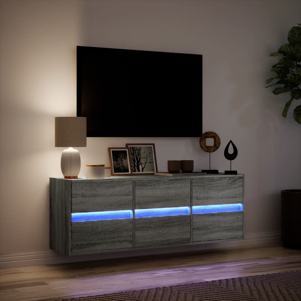 Tv-wandmeubel met LED-verlichting 130x31x45 cm grijs sonoma is nu te koop bij PeponiXL, paradijselijk wonen!