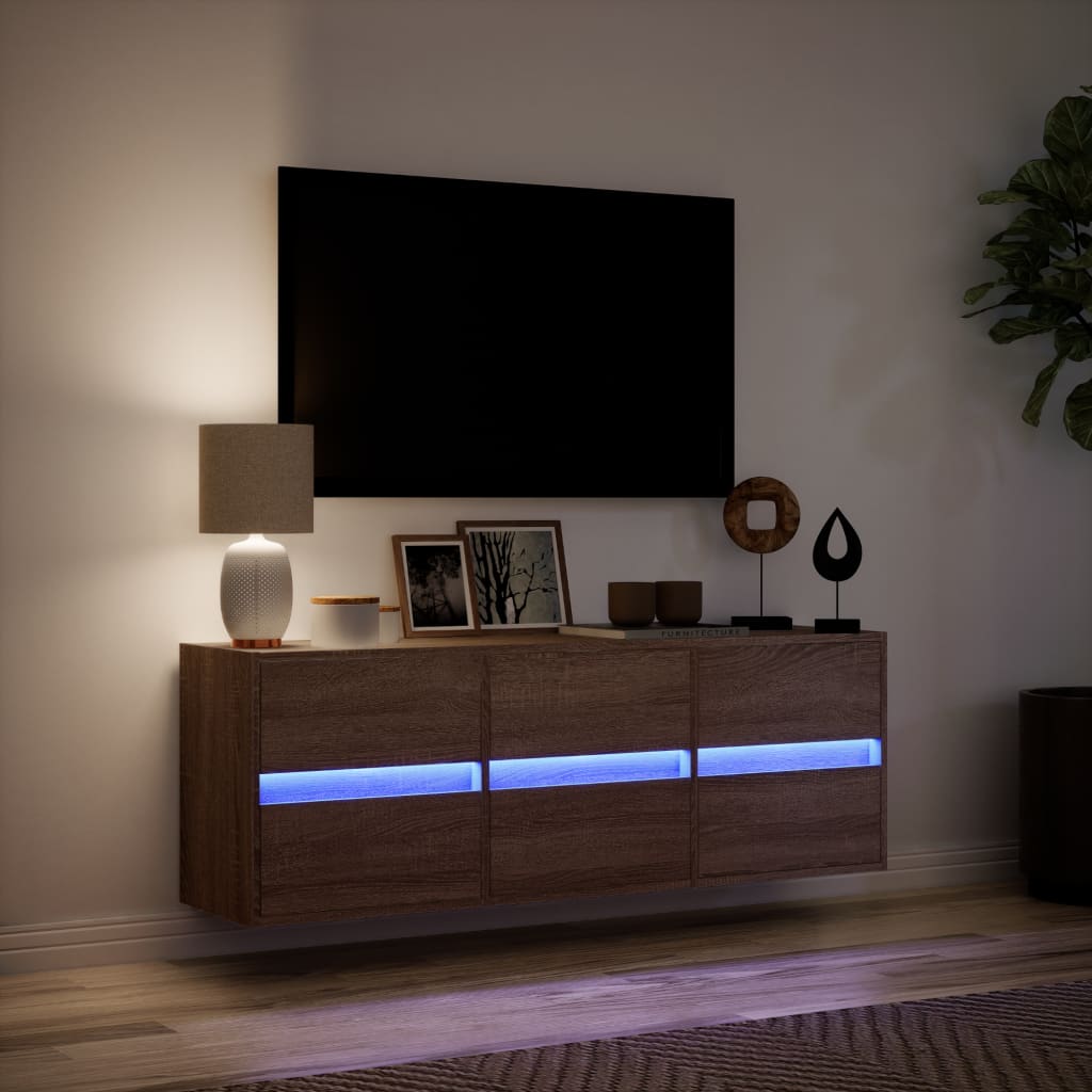 Tv-wandmeubel met LED-verlichting 130x31x45 cm bruin eikenkleur is nu te koop bij PeponiXL, paradijselijk wonen!