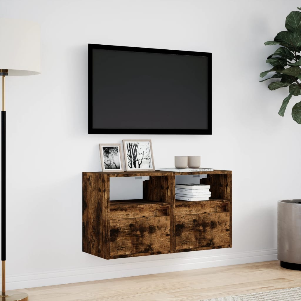 Tv-wandmeubels met LED 2 st 41x31x45 cm gerookt eikenkleurig is nu te koop bij PeponiXL, paradijselijk wonen!